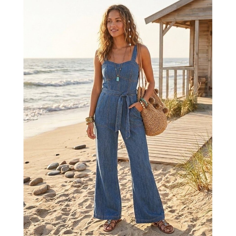 Anthropologie Washed Blue Denim Wide-Leg Tie-Waist Jumpsuit